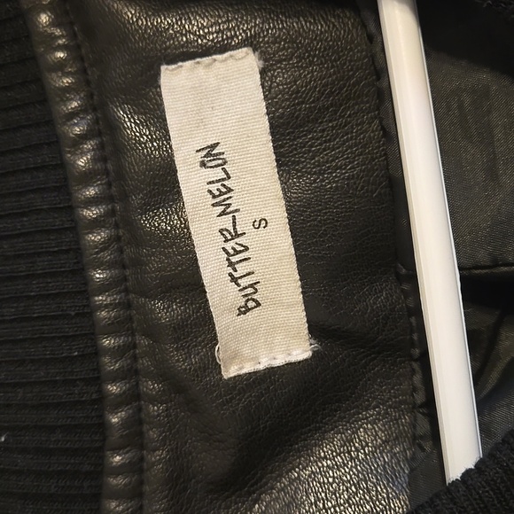 Buttermelon Black Faux Leather Varsity Bomber Jacket with Red & White Trim - Picture 5 of 8